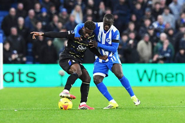 Brighton and Hove Albion v Everton, Premier League Tim Iroegbunam Midfielder of Everton FC and Yankuba Minteh Forward of Brighton and Hove Albion in action during the Premier League match between Brighton and Hove Albion and Everton at the American Express Stadium, Brighton and Hove, UK on 31 January 2026. Brighton and Hove American Express Stadium East Sussex UK Editorial use only DataCo restrictions apply See www.football-dataco.com , Copyright: xJeffxMoodx PSI-23658-0094
