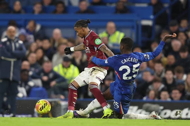31st January 2026; Stamford Bridge, Chelsea, London, England: Premier League Football, Chelsea versus West Ham United; Moises Caicedo of Chelsea receives a yellow card for a foul on Crysencio Summerville of West Ham United  KatiexChan Content restricted for UK based newspaper