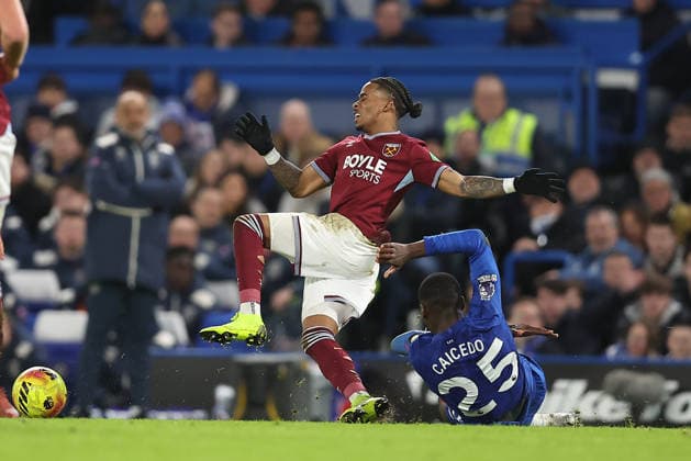 31st January 2026; Stamford Bridge, Chelsea, London, England: Premier League Football, Chelsea versus West Ham United; Moises Caicedo of Chelsea receives a yellow card for a foul on Crysencio Summerville of West Ham United  KatiexChan Content restricted for UK based newspaper