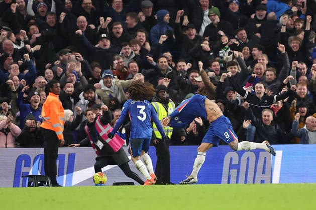 31st January 2026; Stamford Bridge, Chelsea, London, England: Premier League Football, Chelsea versus West Ham United; Enzo Fernandez of Chelsea celebrates his goal in the 90th+2 minute for 3-2  KatiexChan Content restricted for UK based newspaper