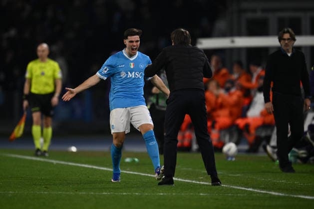 Miguel Gutierrez of S.S.C. Napoli scelebrates after scoring the goal of 2-0 during the 23th day of the Serie A Championship between S.S.C. Napoli and A.C.F. Fiorentina at the Diego Armando Maradona Stadium on January 31, 2026 in Naples, Italy.  Copyright: xDomenicoxCippitelli IPAxSportx xipa-agency.netx xx IPA_70806104 IPA_Agency_IPA70806104