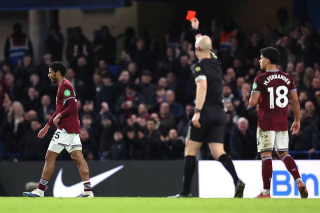 Chelsea v West Ham 28th January 2026, London - Premier League Football - Chelsea v West Ham United - Jean-Clair Todibo of West Ham United walks off as referee Anthony Taylor shows him a red card - Photo: Charlotte Wilson Offside. London UK Copyright: xCharlottexWilsonx xOffsidexOffside