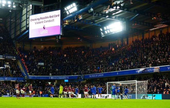 A VAR check for a red card which eventually saw Jean-Clair Todibo of West Ham United sent off for violent conduct Chelsea v West Ham United, Premier League, Football, Stamford Bridge, London, UK - 31 Jan 2026London Stamford Bridge United Kingdom EDITORIAL USE ONLY No use with unauthorised audio, video, data, fixture lists, club league logos or live services. Online in-match use limited to 120 images, no video emulation. No use in betting, games or single club league player publications. Copyright: xJavierxGarcia Shutterstockx 16496749ax