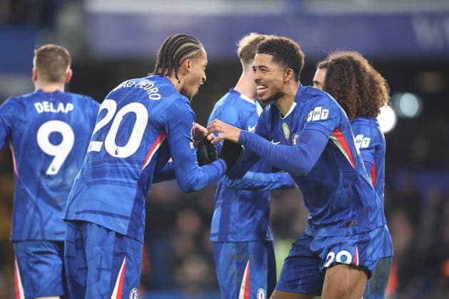 31st January 2026; Stamford Bridge, Chelsea, London, England: Premier League Football, Chelsea versus West Ham United; Joao Pedro and Wesley Fofana of Chelsea celebrate after the final whistle  KatiexChan Content restricted for UK based newspaper