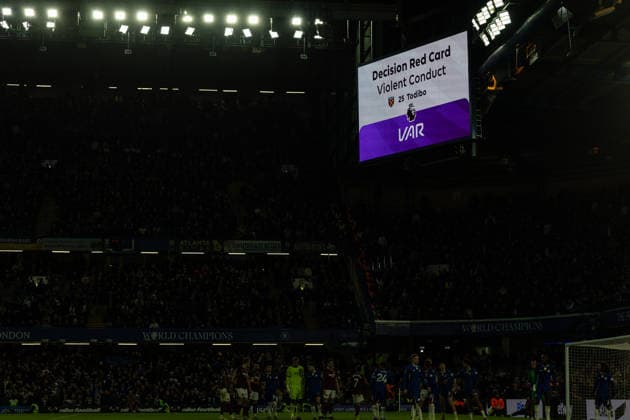 Chelsea v West Ham United, Premier League Referee, Anthony Taylor initially gives West Ham United defender Jean-Clair Todibo (25) a yellow card after starting a brawl between the two teams. However this was later changed to a red card after a VAR decision during the Premier League match between Chelsea and West Ham United at Stamford Bridge, London, UK on 31 January 2026. London Stamford Bridge Greater London UK Editorial use only DataCo restrictions apply See www.football-dataco.com , Copyright: xToyinxOshodix PSI-23659-0079