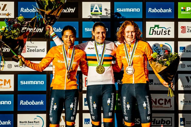 Cyclocross - UCI cyclo-cross World Championships Hulst - Day 2 An all-Dutch podium at the UCI Cyclo-cross World Championships Women Elite in Hulst: Lucinda Brand (NED Baloise Verzekeringen - Het Poetsbureau Lions) crowned world champion, joined by Ceylin del Carmen Alvarado (NED Fenix - Premier Tech) in second and Puck Pieterse (NED Fenix - Premier Tech) in third 2026 UCI cyclo-cross World Championships Women Elite - Hulst The Netherlands Photo: Stijn Bastens CC Hulst The Netherlands  Copyright: xContentxCurationx StijnxBastensx xCCx