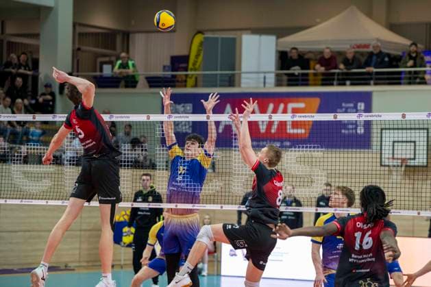 1.Volleyball Bundesliga -Saison 2025 2026 Cerebricks Volley Goats Mitteldeutschland vs.Barock Volleys MTV Ludwigsburg Halle, Deutschland 31. Januar 2026: Im Bild:v.li.Jan Huber (Ludwigsburg), Nick Breitenbach (Bitterfeld) und Tomi Saarinen (Ludwigsburg) Halle Saale swh.Arena Sachsen-Anhalt Deutschland