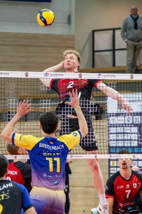 1.Volleyball Bundesliga -Saison 2025 2026 Cerebricks Volley Goats Mitteldeutschland vs.Barock Volleys MTV Ludwigsburg Halle, Deutschland 31. Januar 2026: Im Bild:v.li.Nick Breitenbach (Bitterfeld) und Philipp Herrmann (Ludwigsburg) Halle Saale swh.Arena Sachsen-Anhalt Deutschland