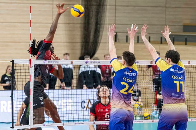 1.Volleyball Bundesliga -Saison 2025 2026 Cerebricks Volley Goats Mitteldeutschland vs.Barock Volleys MTV Ludwigsburg Halle, Deutschland 31. Januar 2026: Im Bild:v.li.Nyherowo Omene(Ludwigsburg) , Ben-Simon Bonin (Ludwigsburg), Clay Wieter (Bitterfeld) und Nick Breitenbach (Bitterfeld) Halle Saale swh.Arena Sachsen-Anhalt Deutschland