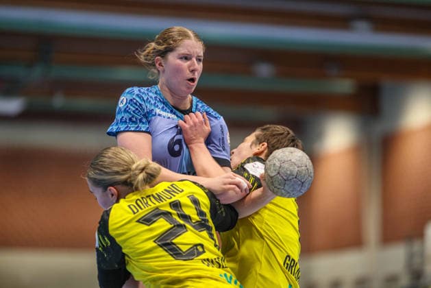 GER, Dortmund, Borussia Dortmund vs HSG Bensheim Auerbach Flames, Alsco Handball Bundesliga Frauen, Handball, DHB, Spielzeit 2025 2026, Sporthalle Wellinghofen, 15. Spieltag im Bild v.l.: kein Durchkommen, Guro Berland Husebo (Borussia Dortmund Handball 24), Nina Engel (HSG Bensheim Auerbach Flames Frauen 6), Alina Grijseels (Borussia Dortmund Handball 4), Zweikampf DFB DFL REGULATIONS PROHIBIT ANY USE OF PHOTOGRAPHS AS IMAGE SEQUENCES AND OR QUASI-VIDEO, 31.01.2026 Copyright: HMBxMedia HendrikxHamelau