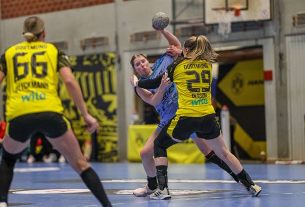 GER, Dortmund, Borussia Dortmund vs HSG Bensheim Auerbach Flames, Alsco Handball Bundesliga Frauen, Handball, DHB, Spielzeit 2025 2026, Sporthalle Wellinghofen, 15. Spieltag im Bild v.l.: Nina Engel (HSG Bensheim Auerbach Flames Frauen 6), Emma Olsson (Borussia Dortmund 29d) DFB DFL REGULATIONS PROHIBIT ANY USE OF PHOTOGRAPHS AS IMAGE SEQUENCES AND OR QUASI-VIDEO, 31.01.2026 Copyright: HMBxMedia HendrikxHamelau