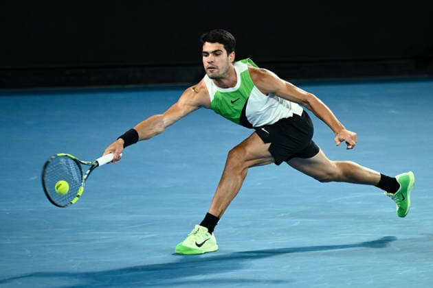 TENNIS AUSTRALIAN OPEN, Carlos Alcaraz of Spain in action during the men™s singles final against Novak Djokovic of Serbia on day 15 of the 2026 Australian Open tennis tournament at Melbourne Park in Melbourne, Sunday, February 1, 2026. ( NO ARCHIVING MELBOURNE VICTORIA AUSTRALIA  Copyright: xJOELxCARRETTx 20260201150614985426