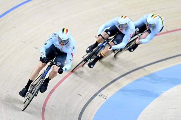 Belgian Mathijs Verhoeven, Yeno Vingerhoets and Belgian Lowie Nulens pictured in action during the men s Team Sprint qualifications at the first day of the 2026 UEC Track Elite European Championships, in Konya, Turkey, Sunday 01 February 2026. The European Championships take place from 01 to 05 February 2026. DIRKxWAEM  x160220227x