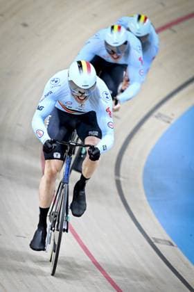 Belgian Mathijs Verhoeven, Yeno Vingerhoets and Belgian Lowie Nulens pictured in action during the men s Team Sprint qualifications at the first day of the 2026 UEC Track Elite European Championships, in Konya, Turkey, Sunday 01 February 2026. The European Championships take place from 01 to 05 February 2026. DIRKxWAEM  x160220265x