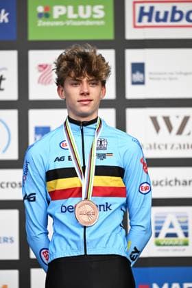 Bronze medalist Belgian Giel Lejeune celebrates on the podium of the junior men race at UCI Cyclocross World Championships, on Sunday 01 February 2026, in Hulst, The Netherlands. DAVIDxPINTENS  x160220311x