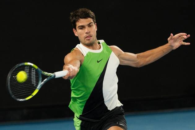 February 1, 2026: 1st seed CARLOS ALCARAZ of Spain in action against 4th seed NOVAK DJOKOVIC of Serbia on Rod Laver Arena in the Men s Singles Final match on day 15 of the 2026 Australian Open in Melbourne, Australia. Cal Media Melbourne Australia - ZUMAc04_ 20260201_faf_c04_018 Copyright: xSydneyxLowx