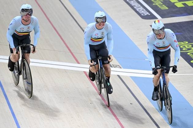 Belgian Mathijs Verhoeven, Belgian Yeno Vingerhoets and Belgian Lowie Nulens pictured in action during the first day of the 2026 UEC Track Elite European Championships, in Konya, Turkey, Sunday 01 February 2026. The European Championships take place from 01 to 05 February 2026. DIRKxWAEM  x160222068x