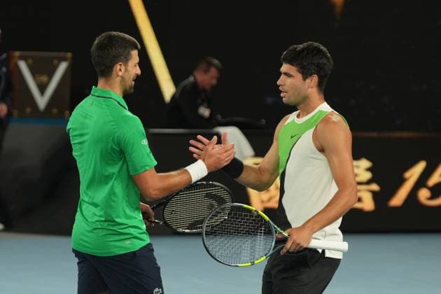 February 1, 2026: 1st seed CARLOS ALCARAZ of Spain celebrates after defeating 4th seed NOVAK DJOKOVIC of Serbia on Rod Laver Arena in the Men s Singles Final match on day 15 of the 2026 Australian Open in Melbourne, Australia. Cal Media Melbourne Australia - ZUMAc04_ 20260201_faf_c04_025 Copyright: xSydneyxLowx