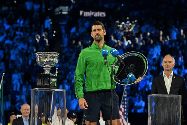 2026 Australian Open - Day 15 MELBOURNE, AUSTRALIA - FEBRUARY 01: Serbia s Novak Djokovic speaks after receiving the runner-up shield following his defeat to Spain s Carlos Alcaraz in the men s singles final on Day 15 of the Australian Open. tennis tournament in Melbourne on February 01, 2026. Mark Avellino Anadolu Melbourne Australia. Editorial use only. Please get in touch for any other usage.  Copyright: x2026xAnadoluxMarkxAvellinox