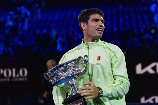 February 1, 2026: 1st seed CARLOS ALCARAZ of Spain with the The Norman Brookes Challenge Cup after defeating 4th seed NOVAK DJOKOVIC of Serbia on Rod Laver Arena in the Men s Singles Final match on day 15 of the 2026 Australian Open in Melbourne, Australia. Cal Media Melbourne Australia - ZUMAc04_ 20260201_faf_c04_032 Copyright: xSydneyxLowx