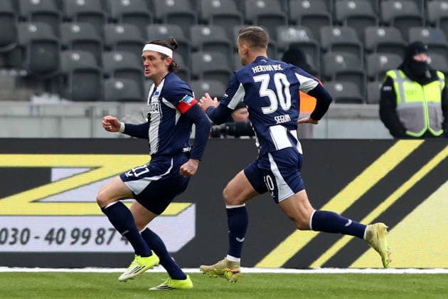 01.02.2026, xtgx, Fussball 2.Bundesliga, Hertha BSC Berlin - SV Darmstadt 98 v.l. Torjubel nach dem Tor zum celebrating the goal celebrate 1:0 durch Fabian Reese (Hertha BSC Berlin) (DFL DFB REGULATIONS PROHIBIT ANY USE OF PHOTOGRAPHS as IMAGE SEQUENCES and or QUASI-VIDEO) Berlin