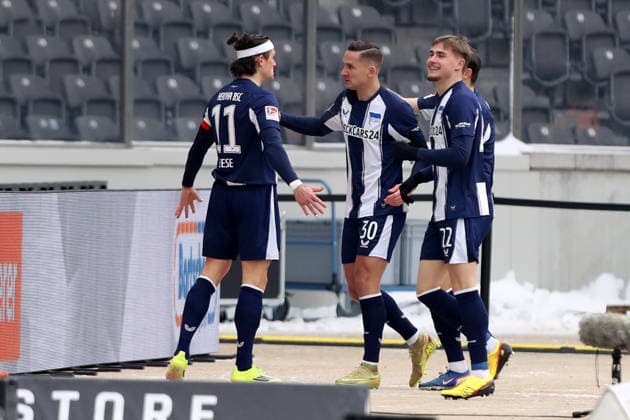01.02.2026, xtgx, Fussball 2.Bundesliga, Hertha BSC Berlin - SV Darmstadt 98 v.l. Torjubel nach dem Tor zum celebrating the goal celebrate 1:0 durch Fabian Reese (Hertha BSC Berlin) (DFL DFB REGULATIONS PROHIBIT ANY USE OF PHOTOGRAPHS as IMAGE SEQUENCES and or QUASI-VIDEO) Berlin