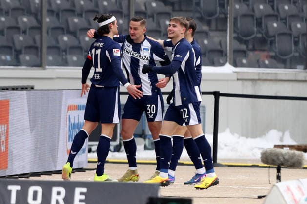01.02.2026, xtgx, Fussball 2.Bundesliga, Hertha BSC Berlin - SV Darmstadt 98 v.l. Torjubel nach dem Tor zum celebrating the goal celebrate 1:0 durch Fabian Reese (Hertha BSC Berlin) (DFL DFB REGULATIONS PROHIBIT ANY USE OF PHOTOGRAPHS as IMAGE SEQUENCES and or QUASI-VIDEO) Berlin