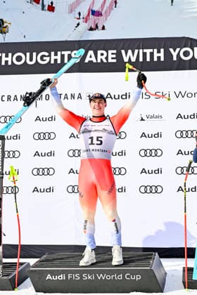 ALPINE SKIING - FIS WC Crans Montana CRANS MONTANA,SWITZERLAND,01.FEB.26 - ALPINE SKIING - FIS World Cup, downhill, men. Image shows the rejoicing of Franjo von Allmen (SUI).  GEPAxpictures xAvnixRetkoceri
