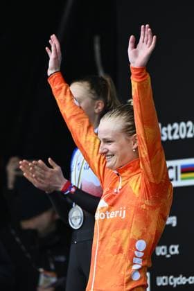 Dutch Leonie Bentveld celebrates on the podium after winning the U23 women race at UCI Cyclocross World Championships, on Sunday 01 February 2026, in Hulst, The Netherlands. ERICxLALMAND  x160237406x