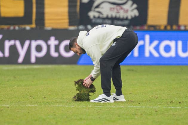 01.02.2026, xomx, Fussball 2.Bundesliga, Dynamo Dresden - Arminia Bielefeld v.l. David Yelldell (SG Dynamo Dresden Torwarttrainer) kuemmert sich um den Rasen. (DFL DFB REGULATIONS PROHIBIT ANY USE OF PHOTOGRAPHS as IMAGE SEQUENCES and or QUASI-VIDEO) Dresden