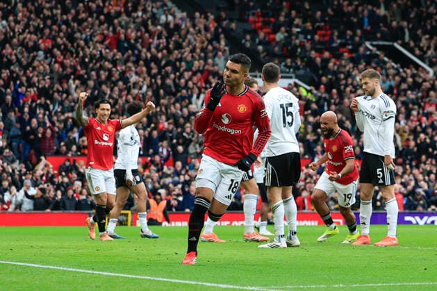 Manchester United, ManU v Fulham, Premier League Casemiro (18) of Manchester United celebrates scoring to make it 1-0 during the Premier League match between Manchester United and Fulham at Old Trafford, Manchester, UK on 1 February 2026. Manchester Old Trafford Greater Manchester UK Editorial use only DataCo restrictions apply See www.football-dataco.com , Copyright: xConorxMolloyx PSI-23668-0050