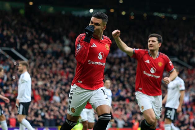 Manchester United, ManU v Fulham, Premier League Casemiro (18) of Manchester United celebrates scoring to make it 1-0 during the Premier League match between Manchester United and Fulham at Old Trafford, Manchester, UK on 1 February 2026. Manchester Old Trafford Greater Manchester UK Editorial use only DataCo restrictions apply See www.football-dataco.com , Copyright: xConorxMolloyx PSI-23668-0052