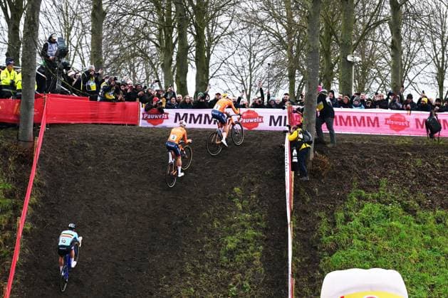 Belgian Thibau Nys, Dutch Tibor Del Grosso and Dutch Mathieu van der Poel pictured in action during the men elite race at UCI Cyclocross World Championships, on Sunday 01 February 2026, in Hulst, The Netherlands. DAVIDxPINTENS  x160249902x