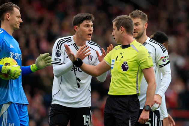 Manchester United, ManU v Fulham, Premier League Jorge Cuenca (15) of Fulham reacts as Referee John Brooks points for a penalty kick which was later rescinded as the offence was outside the box during the Premier League match between Manchester United and Fulham at Old Trafford, Manchester, UK on 1 February 2026. Manchester Old Trafford Greater Manchester UK Editorial use only DataCo restrictions apply See www.football-dataco.com , Copyright: xConorxMolloyx PSI-23668-0073