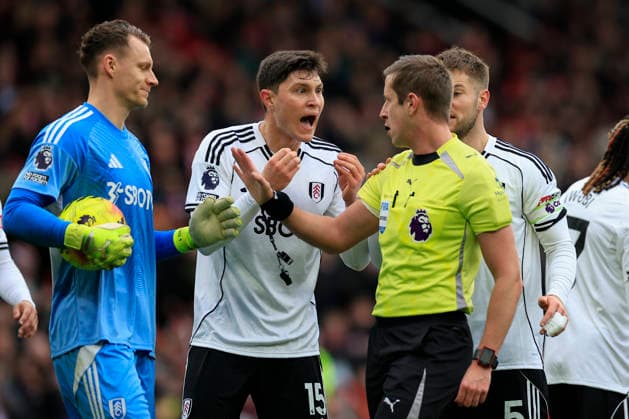 Manchester United, ManU v Fulham, Premier League Jorge Cuenca (15) of Fulham reacts as Referee John Brooks points for a penalty kick which was later rescinded as the offence was outside the box during the Premier League match between Manchester United and Fulham at Old Trafford, Manchester, UK on 1 February 2026. Manchester Old Trafford Greater Manchester UK Editorial use only DataCo restrictions apply See www.football-dataco.com , Copyright: xConorxMolloyx PSI-23668-0074