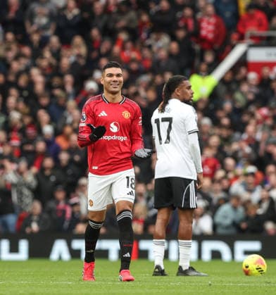 Manchester United, ManU v Fulham, Premier League, Old Trafford, Manchester. Times Photographer Bradley Ormesher. 1.2.2026. Manchester United v Fulham, Premier League, Old Trafford, Manchester. Times Photographer Bradley Ormesher. Casemiro opens the scoring for United.  Copyright: xBradleyxOrmesherx NINTCHDBPICT001055762700