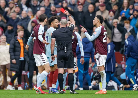 Birmingham, England, 1st February 2026. Kevin Schade of Brentford receives a red card from referee Tim Robinson during the Aston Villa vs Brentford Premier League match at Villa Park, Birmingham. Picture credit should read: Cody Froggatt Sportimage EDITORIAL USE ONLY. No use with unauthorised audio, video, data, fixture lists, club league logos or live services. Online in-match use limited to 120 images, no video emulation. No use in betting, games or single club league player publications. SPI_025_CF_ASTON_VILLA_V_BRENTFORD SPI-4503-0028