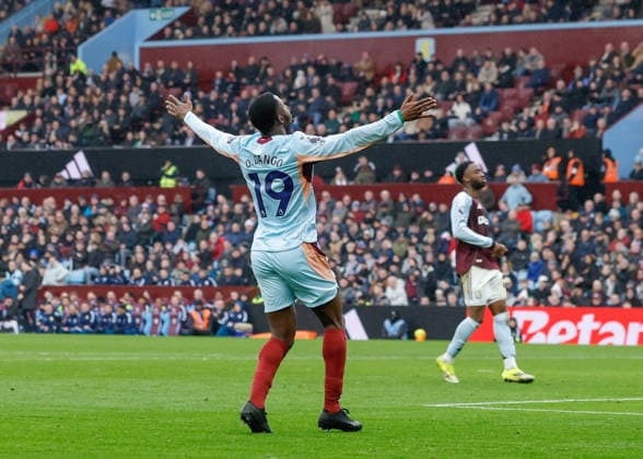 Birmingham, England, 1st February 2026. Dango Ouattara of Brentford celebrates scoring their sides first goal during the Aston Villa vs Brentford Premier League match at Villa Park, Birmingham. Picture credit should read: Cody Froggatt Sportimage EDITORIAL USE ONLY. No use with unauthorised audio, video, data, fixture lists, club league logos or live services. Online in-match use limited to 120 images, no video emulation. No use in betting, games or single club league player publications. SPI_029_CF_ASTON_VILLA_V_BRENTFORD SPI-4503-0029