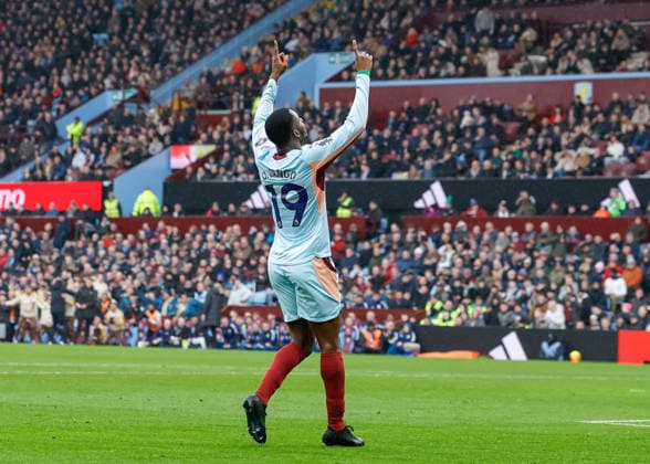 Birmingham, England, 1st February 2026. Dango Ouattara of Brentford celebrates scoring their sides first goal during the Aston Villa vs Brentford Premier League match at Villa Park, Birmingham. Picture credit should read: Cody Froggatt Sportimage EDITORIAL USE ONLY. No use with unauthorised audio, video, data, fixture lists, club league logos or live services. Online in-match use limited to 120 images, no video emulation. No use in betting, games or single club league player publications. SPI_030_CF_ASTON_VILLA_V_BRENTFORD SPI-4503-0030