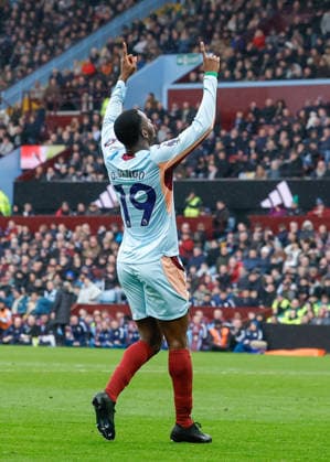 Birmingham, England, 1st February 2026. Dango Ouattara of Brentford celebrates scoring their sides first goal during the Aston Villa vs Brentford Premier League match at Villa Park, Birmingham. Picture credit should read: Cody Froggatt Sportimage EDITORIAL USE ONLY. No use with unauthorised audio, video, data, fixture lists, club league logos or live services. Online in-match use limited to 120 images, no video emulation. No use in betting, games or single club league player publications. SPI_031_CF_ASTON_VILLA_V_BRENTFORD SPI-4503-0031