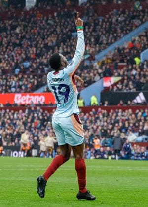Birmingham, England, 1st February 2026. Dango Ouattara of Brentford celebrates scoring their sides first goal during the Aston Villa vs Brentford Premier League match at Villa Park, Birmingham. Picture credit should read: Cody Froggatt Sportimage EDITORIAL USE ONLY. No use with unauthorised audio, video, data, fixture lists, club league logos or live services. Online in-match use limited to 120 images, no video emulation. No use in betting, games or single club league player publications. SPI_032_CF_ASTON_VILLA_V_BRENTFORD SPI-4503-0032