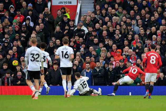 Manchester United, ManU v Fulham, Premier League Matheus Cunha (10) of Manchester United scores to make it 2-0 during the Premier League match between Manchester United and Fulham at Old Trafford, Manchester, UK on 1 February 2026. Manchester Old Trafford Greater Manchester UK Editorial use only DataCo restrictions apply See www.football-dataco.com , Copyright: xConorxMolloyx PSI-23668-0078