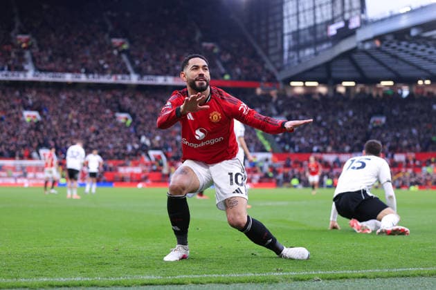 Football - Premier League - Manchester United, ManU v Fulham 1st February 2026 - Premier League - Manchester United v Fulham - Matheus Cunha of Manchester United celebrates after scoring their 2nd goal - Photo: Simon Stacpoole Offside. Manchester UK Copyright: xSimonxStacpoolexOffside