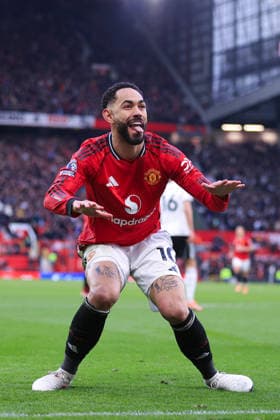 Football - Premier League - Manchester United, ManU v Fulham 1st February 2026 - Premier League - Manchester United v Fulham - Matheus Cunha of Manchester United celebrates after scoring their 2nd goal - Photo: Simon Stacpoole Offside. Manchester UK Copyright: xSimonxStacpoolexOffside