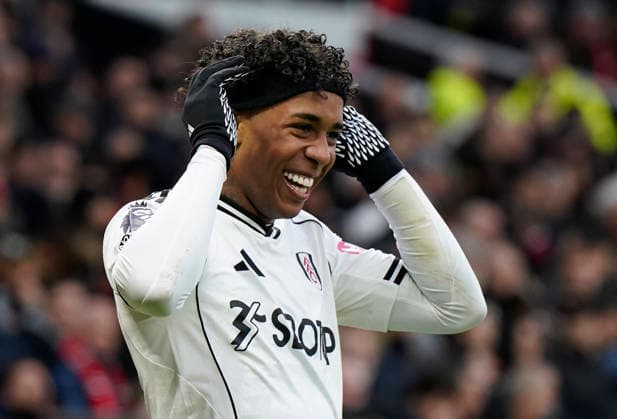 Manchester, England, 1st February 2026. Kevin of Fulham celebrates after scoring during the Manchester United, ManU vs Fulham Premier League match at Old Trafford, Manchester. Picture credit should read: Andrew Yates Sportimage EDITORIAL USE ONLY. No use with unauthorised audio, video, data, fixture lists, club league logos or live services. Online in-match use limited to 120 images, no video emulation. No use in betting, games or single club league player publications. SPI_038_AY_MAN_UTD_FULHAM SPI-4502-0037