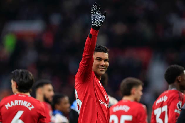 Manchester United, ManU v Fulham, Premier League Casemiro (18) of Manchester United celebrates the 3-2 victory at the end of the Premier League match between Manchester United and Fulham at Old Trafford, Manchester, UK on 1 February 2026. Manchester Old Trafford Greater Manchester UK Editorial use only DataCo restrictions apply See www.football-dataco.com , Copyright: xConorxMolloyx PSI-23668-0089