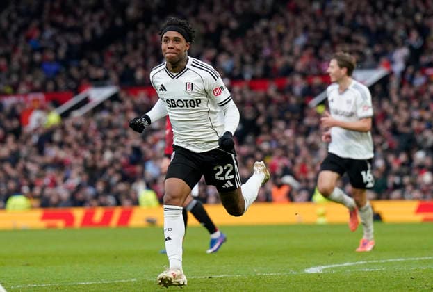 Manchester, England, 1st February 2026. Kevin of Fulham celebrates after scoring during the Manchester United, ManU vs Fulham Premier League match at Old Trafford, Manchester. Picture credit should read: Andrew Yates Sportimage EDITORIAL USE ONLY. No use with unauthorised audio, video, data, fixture lists, club league logos or live services. Online in-match use limited to 120 images, no video emulation. No use in betting, games or single club league player publications. SPI_042_AY_MAN_UTD_FULHAM SPI-4502-0040