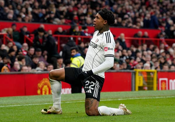 Manchester, England, 1st February 2026. Kevin of Fulham celebrates after scoring during the Manchester United, ManU vs Fulham Premier League match at Old Trafford, Manchester. Picture credit should read: Andrew Yates Sportimage EDITORIAL USE ONLY. No use with unauthorised audio, video, data, fixture lists, club league logos or live services. Online in-match use limited to 120 images, no video emulation. No use in betting, games or single club league player publications. SPI_041_AY_MAN_UTD_FULHAM SPI-4502-0041