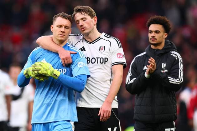 Bernd Leno of Fulham and Sander Berge at the end of the match Manchester United, ManU v Fulham, Premier League, Football, Old Trafford, Manchester, UK - 01 Feb 2026Manchester Old Trafford United Kingdom EDITORIAL USE ONLY No use with unauthorised audio, video, data, fixture lists, club league logos or live services. Online in-match use limited to 120 images, no video emulation. No use in betting, games or single club league player publications. Copyright: xPaulxCurrie Shutterstockx 16496861iy