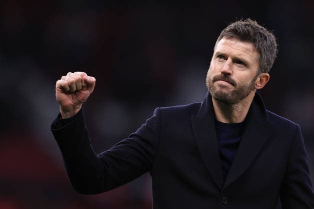 Football - Premier League - Manchester United, ManU v Fulham 1st February 2026 - Premier League - Manchester United v Fulham - Manchester United interim manager Michael Carrick celebrates after the match - Photo: Simon Stacpoole Offside. Manchester UK Copyright: xSimonxStacpoolexOffside